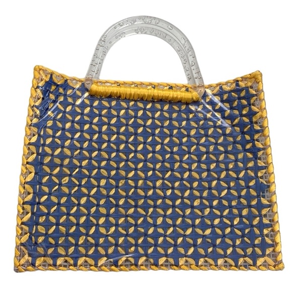 Mini Woven Lucite Handle Yellow Blue Tote - Picture 4 of 8